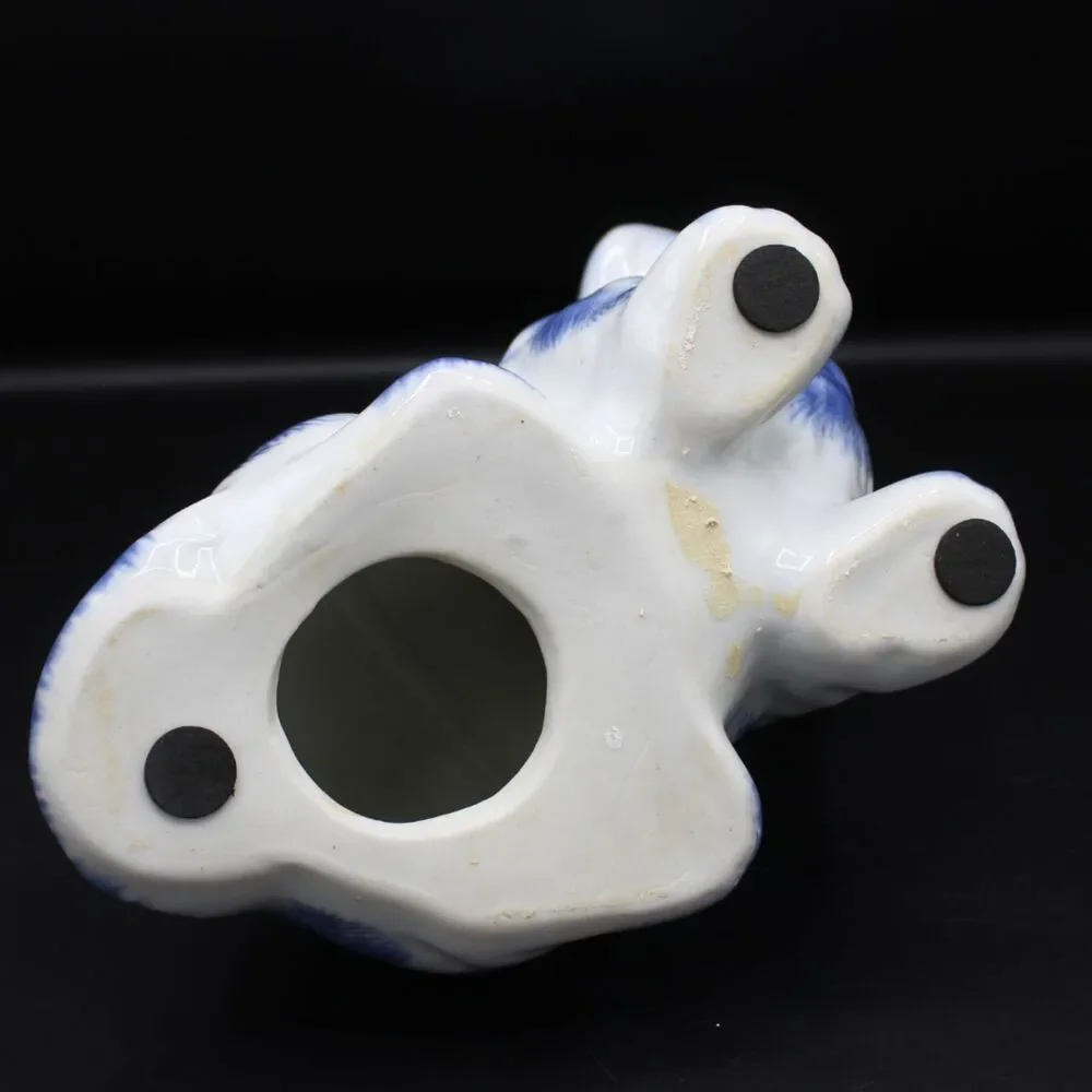 Vintage Blue White Ceramic Dog Figurine Glossy Glaze Cocker Basset Animal Decor